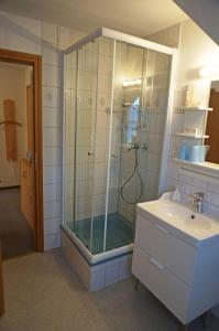 a bathroom with a glass shower and a sink at Ferienwohnung auf der Sonneninsel in Fehmarn