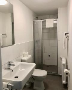 y baño con lavabo, aseo y ducha. en City Hotel und City Apartments Centrum, en Kaiserslautern