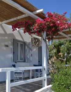 a white house with a porch with flowers on it at Paleochori Studios in Paliochori