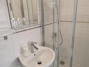 a bathroom with a sink and a glass shower at Pokoje U Wojtka Z Widokiem Na Zatokę in Swarzewo