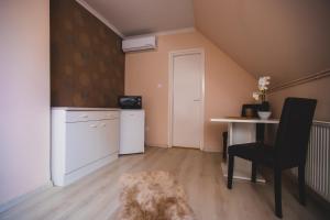 a small kitchen with a table and a chair in a room at Tenkes-Tourist in Siklós