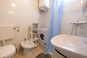 a bathroom with a toilet and a sink and a washing machine at Apartment Ksenija in Ljubljana +3 photos