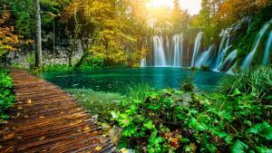a waterfall in a forest with a wooden bridge at Apartman Viktoria in Rakovica