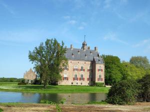 a large castle sitting in the middle of a lake at Hartjedalfsen in Dalfsen