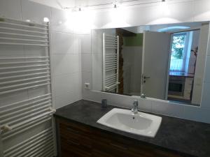 a bathroom with a sink and a mirror at Ferienwohnung Lienz Egger in Lienz +18 photos