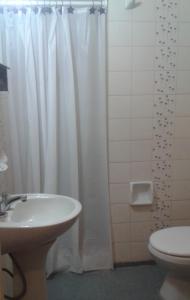 baño con cortina de ducha blanca y lavamanos en Cozy Apartment in Belgrano en Buenos Aires