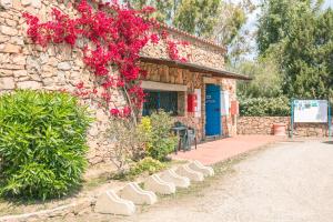 un edificio con flores rojas a un lado. en Calacavallo Village en San Teodoro