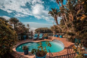 einen Pool auf einer Terrasse mit Stühlen und Pflanzen in der Unterkunft A Heavenly View in Muizenberg