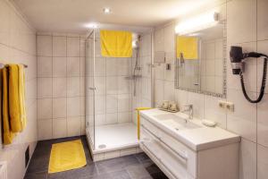 La salle de bains blanche est pourvue d'une douche et d'un lavabo. dans l'établissement Birkenhof Brand, à Brand