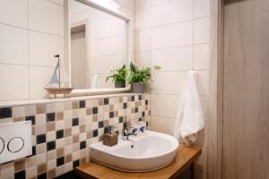 uma casa de banho com um lavatório e um espelho em Penzion Labska Marina em Poděbrady
