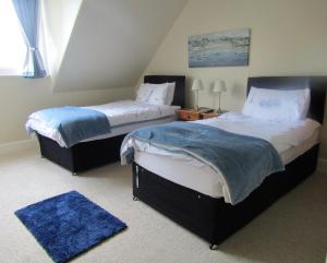 2 camas individuales en un dormitorio con alfombra azul en The Old Post House en Moretonhampstead