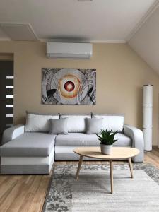 - un salon avec un canapé et un tableau pour les yeux dans l'établissement Villa Relax KomfortLak, à Gárdony