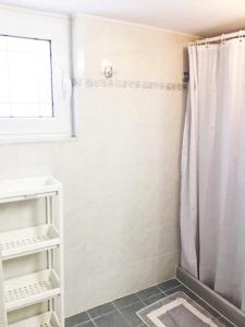 a bathroom with a shower with a shower curtain at AQUALIA Apartment 1 in Karpathos