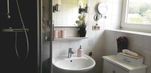 ein weißes Bad mit einem Waschbecken und einer Dusche in der Unterkunft Hotel Am Fleesensee in Malchow