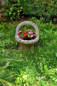 a basket filled with flowers in the grass at Apartments Martiva in Kotor
