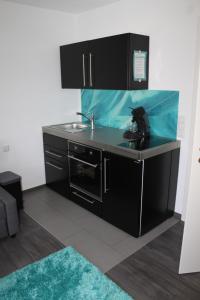 a kitchen with a counter with a fish tank at FeWo Topas Balingen in Balingen