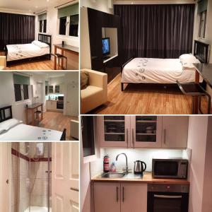 a collage of photos of a bedroom and a hotel room at Lovely Garden Chalet in London in London