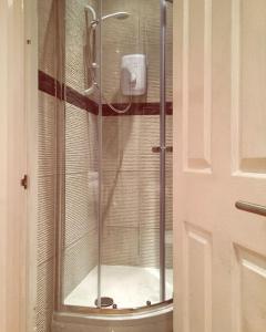 a shower with a glass door in a bathroom at Lovely Garden Chalet in London in London