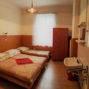 a hotel room with two beds and a sink at Muskátli Üdülőház in Parádfürdő-Peres