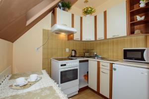 Il comprend une petite cuisine équipée d'un four avec plaques de cuisson blanches. dans l'établissement Pokoje u Ewy, à Kościelisko