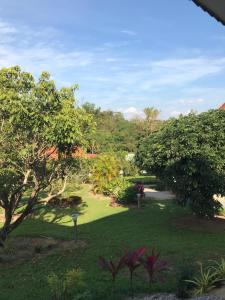 einen Garten mit grünem Gras und Bäumen im Hintergrund in der Unterkunft House of Garden in Chiang Rai