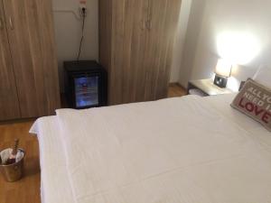 Pokój hotelowy z białym łóżkiem i telewizorem w obiekcie Casa Julius w Konstancy
