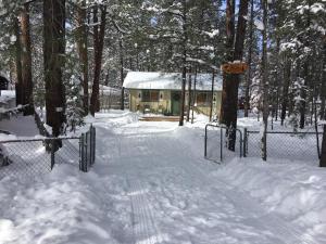 a house with a fence in the snow at Adair Springs Cabin in Pinetop-Lakeside