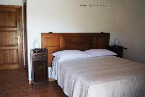 a bedroom with a large bed with a wooden headboard at Agriturismo Signorini in Orciatico
