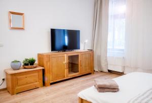 een woonkamer met een tv op een houten kast bij Apartment Dora in Chemnitz