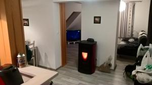 ein Wohnzimmer mit einem Kamin in der Mitte eines Zimmers in der Unterkunft Apartament Jastarnia ul Bałtycka 26 in Jastarnia