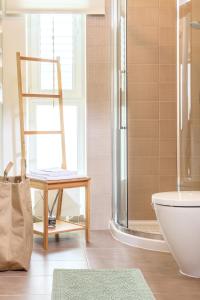 a bathroom with a shower and a toilet and a chair at Kopu Vetrunges - Nida Apartments in Nida