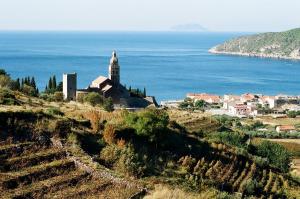 eine kleine Stadt auf einem Hügel neben dem Meer in der Unterkunft Seaview apartment Bambo in Komiža