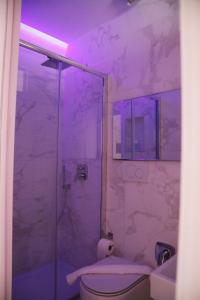 La salle de bains est pourvue de toilettes et d'une douche avec un éclairage violet. dans l'établissement Casa Veniero, à Rome