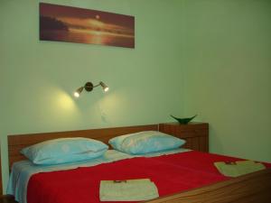 a bed with two pillows and a red blanket at Holiday home Boris - close to sea in Slatine