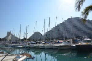 un montón de barcos en un puerto deportivo con un gran edificio en Studio Apartment between Nice and Cannes - Marina baie des Anges - Beach, restaurants, shops - tea/coffee/sugar/bed linen and towels en Villeneuve-Loubet