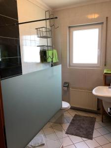 La salle de bains est pourvue d'un lavabo, de toilettes et d'une fenêtre. dans l'établissement Hotel garni Zum Adenauer Forst, à Wimbach