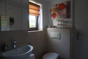een badkamer met een wastafel, een toilet en een raam bij FerienhausTeube in Kurort Gohrisch