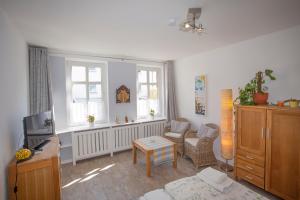 a living room with a couch and a tv and windows at Alte Schmiede Putbus in Putbus