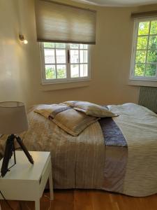 a bedroom with a large bed and two windows at Bastide Philomen in Pérols