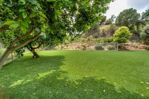 a soccer field with a tree and a soccer ball at Vivalidays Can Palomo in Palafolls