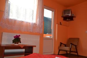 a bedroom with a table and a window and a table and a chair at Pensiunea Lala in Băile Tuşnad