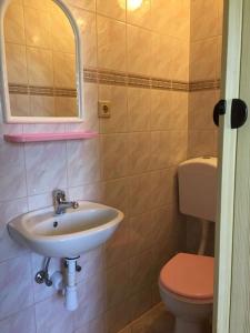 a bathroom with a sink and a toilet and a mirror at Pokoje Gościnne u Lidki in Władysławowo