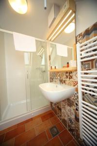 La salle de bains est pourvue d'un lavabo et d'une douche. dans l'établissement Planinski dom Savica, à Bohinj