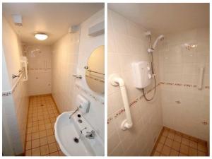 two pictures of a bathroom with a urinal and a sink at Dairy Cottage in Bodmin +18 photos