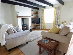 a living room with two couches and a fireplace at Driftwood Cottage in St Austell