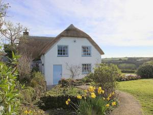 a small white house with a thatched roof at Rose Cottage in Helston
