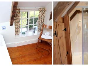 two pictures of a bathroom with a shower and a window at Rose Cottage in Helston +14 photos