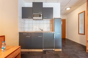 a kitchen with a stainless steel refrigerator and a microwave at Boardinghouse Burgpark in Efferen