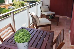 Un balcón con 2 sillas, una mesa y una planta en Apartament Sergi, en Amposta