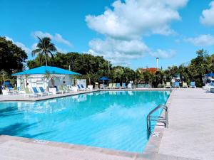 a swimming pool at a resort with chairs and trees at Ocean Oasis at Ocean Pointe in Tavernier